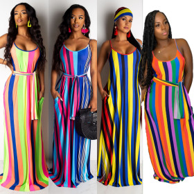 Loose Fitting Stripe Condole Belt Multicolor Maxi Dress CY1167
