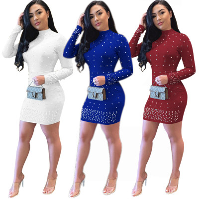 Solid Beading Long Sleeves Bodycon Dress E8250