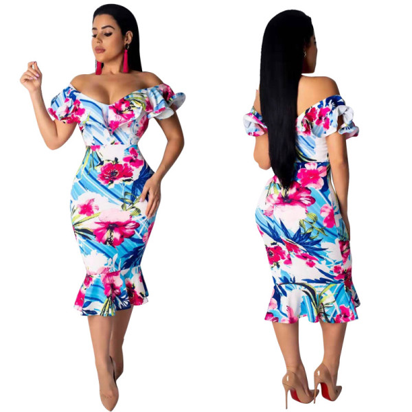 Elegant Ladies Bodycon Floral Print Ruffle Midi Dress OG9113