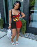 Women's sexy solid color two-color stitching poker print jumpsuit SDD9272
