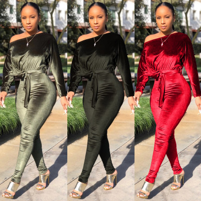 Stylish 3 Colors Casual Oblique Shoulder Women Jumpsuit HR8089