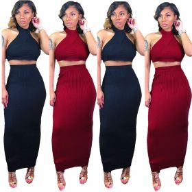 Women Ribber Suits Sleeveless Top Long Skirt MDF5043