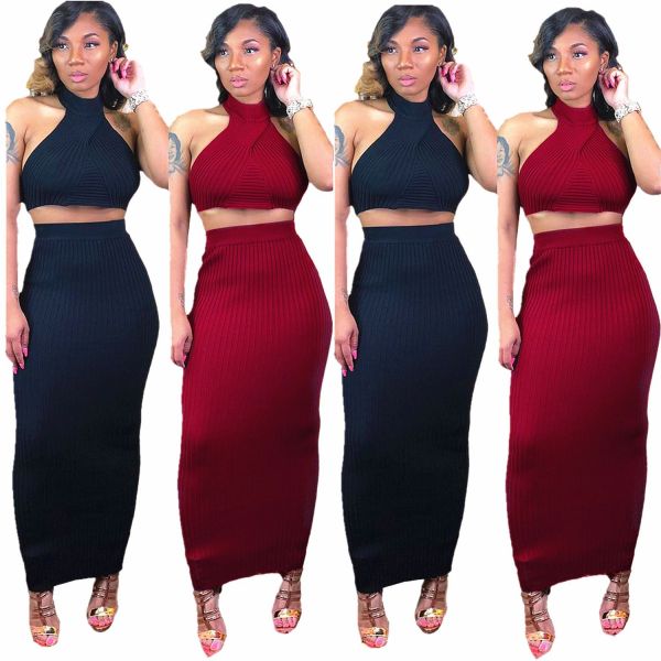 Women Ribber Suits Sleeveless Top Long Skirt MDF5043
