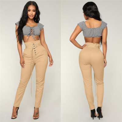 Khaki High Waist Leisure Pencil Pants With Deco Button LS6171