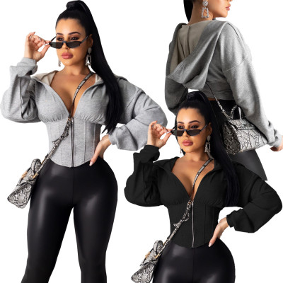 Irregular Ladies Bodycon V Neck Hooded Coat With Zipper HY5125