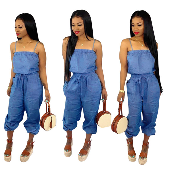 Casual Women Loose Spaghetti Strap Denim Jumpsuit SDD9119