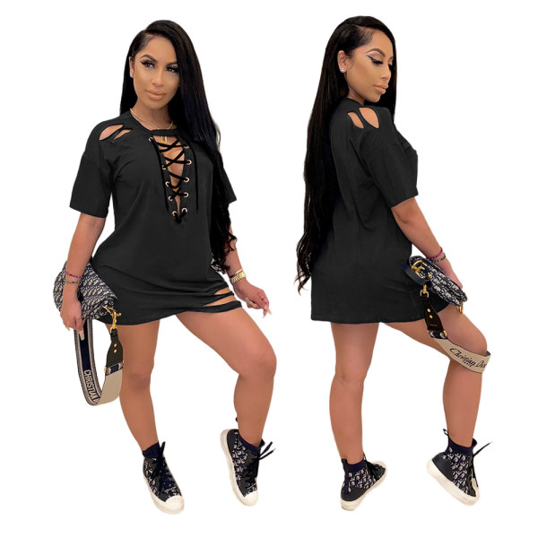 Sexy Solid Color Round Neck Short Sleeves Hole Strappy Mini Dress SH7214