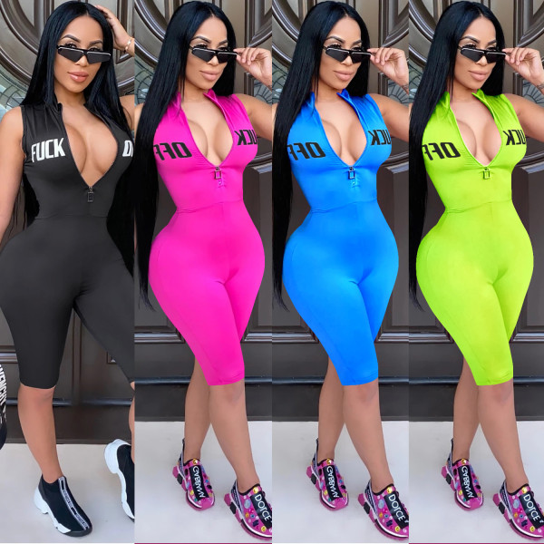 Sexy Letter Printed Zipper V-Neck Sleeveless Bodycon Jumpsuit CYF3673