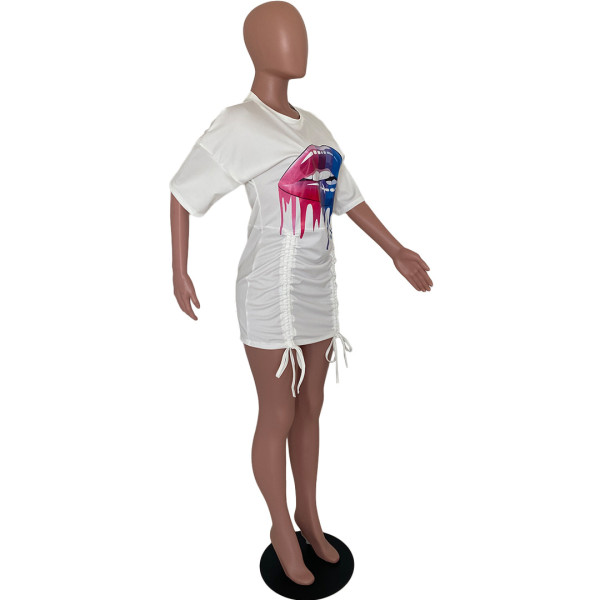 Sexy Lips Printed Round Neck Short Sleeves Drawstring Mini Dress LJ6016
