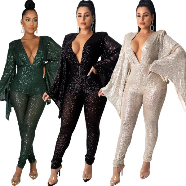 Party Glitter Deep V Neck Butterfly Sleeve Sequined Jumpsuit CY8200