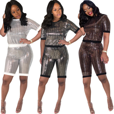 Hot Sale Sequins T Shirts Midi Shorts Outfits MD158