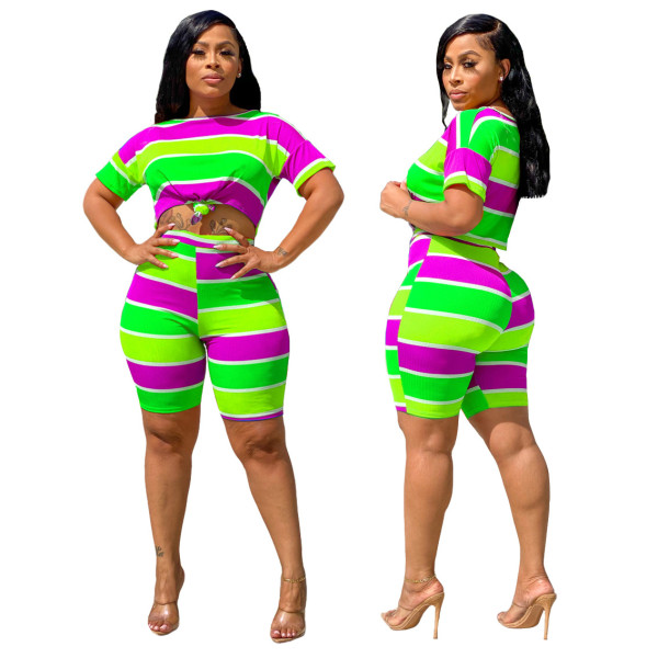 Fashion Striped Printed Round Neck T-Shirt With Shorts Two Piece Suit JLX6870