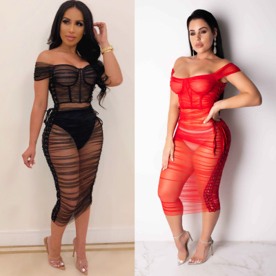 Sexy Mesh Pleated 2 Colors See Through Midi Dress K8782