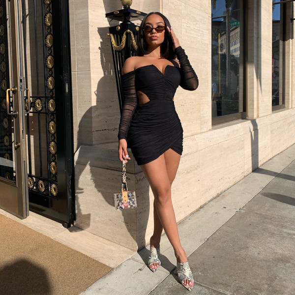 Sexy tube top V-neck dress word-neck long-sleeved pleated hip skirt women D11154H-FM1210