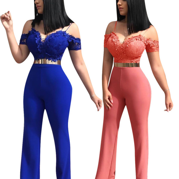 Elegant Ladies Blue/Pink Lace Patchwork Long Jumpsuit W8202