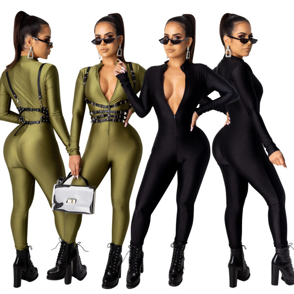 Black/Green Zip Up Slim Bodycon Mid Waist Jumpsuit CY1198
