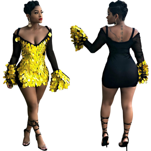 Explosion Sexy Glitter Sequin Flared Sleeve Wrap Dress For Club QZ5311