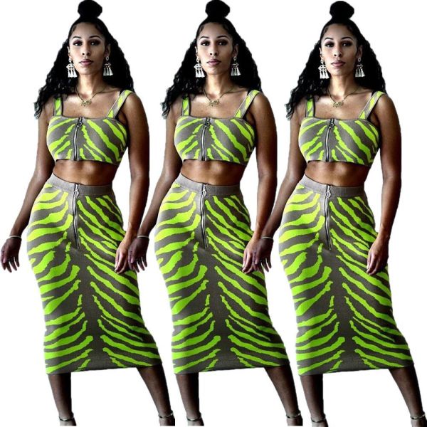 Mature Women Zipper Suits Tank Top Mid Skirt YT3117