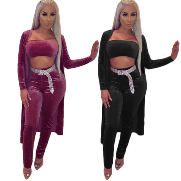 3 Pieces Sets Velvet Wrap Tops+Skinny Pants+Long Coats MY9300