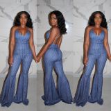 Strap U-neck halter sexy stripe denim flared jumpsuit LA3185