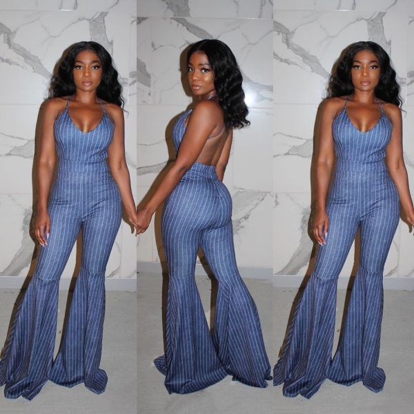 Strap U-neck halter sexy stripe denim flared jumpsuit LA3185