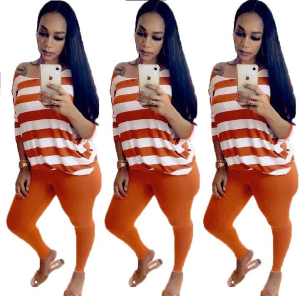 Fashion Striped Printed Round Neck Short Sleeves T-Shirt With Trousers Two Piece Sets CQ021