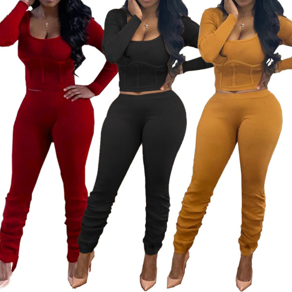 Autumn and winter new thread knitted shirring sports two-piece suit DN8542