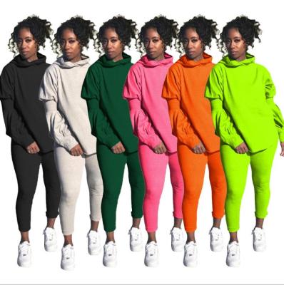 Casual Solid Color Long Sleeves Hooded Split Sweater With Trousers Two Piece Sets LM1051