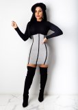 Solid color stitching long sleeve dress CY1260