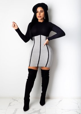 Solid color stitching long sleeve dress CY1260