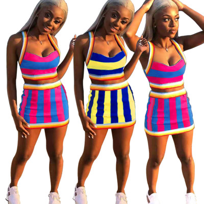 Lovely Striped Print Casual Slim Sets Tank Top Wrap Skirt FA7035