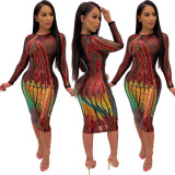 Online Sale Autumn Bodycon Multicolor Midi Dress For Women LA3153