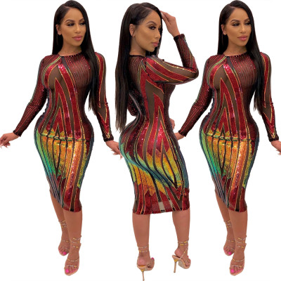Online Sale Autumn Bodycon Multicolor Midi Dress For Women LA3153