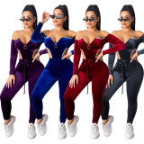 Off Shoulder Bodysuit Skinny Pants Female Velvet Tracksuits QZ3292