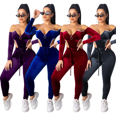 Off Shoulder Bodysuit Skinny Pants Female Velvet Tracksuits QZ3292