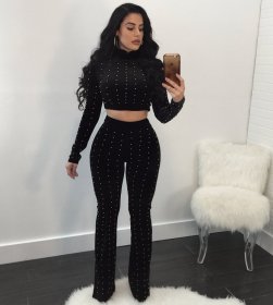 Newest Beading Women Suits Crop Top Wide Leg Pants R6038