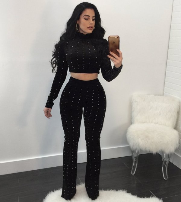 Newest Beading Women Suits Crop Top Wide Leg Pants R6038