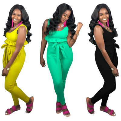 Solid Color Sets Ruffle Tank Top High Waist Tight Pants K8800