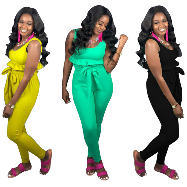 Solid Color Sets Ruffle Tank Top High Waist Tight Pants K8800