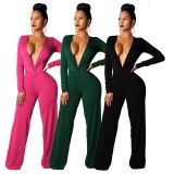 Deep V Neck Pure Color Wide Leg Jumpsuits SMR9087