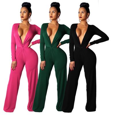 Deep V Neck Pure Color Wide Leg Jumpsuits SMR9087