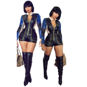 PU Leather Bodycon Color Patchwork Short Jumpsuits DN8182
