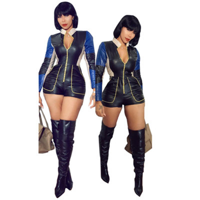 PU Leather Bodycon Color Patchwork Short Jumpsuits DN8182