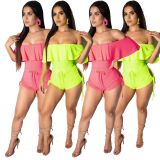 Hot Sell Ruffle Overlay Elastic Dew Shoulder Solid Jumpsuit R6173
