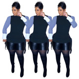 Leisure Female Colors Splicing Long Sleeves Irregular Top KK8071