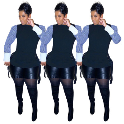 Leisure Female Colors Splicing Long Sleeves Irregular Top KK8071