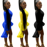 Wholesale Price Bodycon Pure Color Flares Sleeves Wrap Dress LS6314