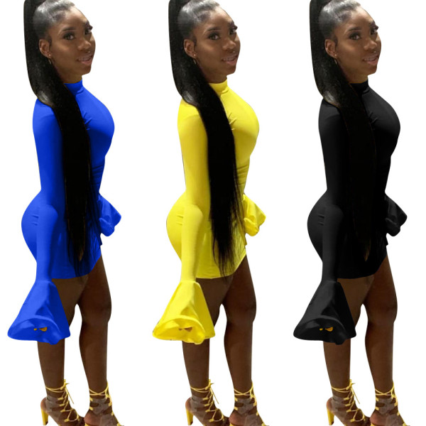 Wholesale Price Bodycon Pure Color Flares Sleeves Wrap Dress LS6314