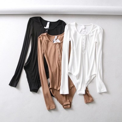 Sexy Solid Color Button Round Neck Long Sleeves Top H08-240