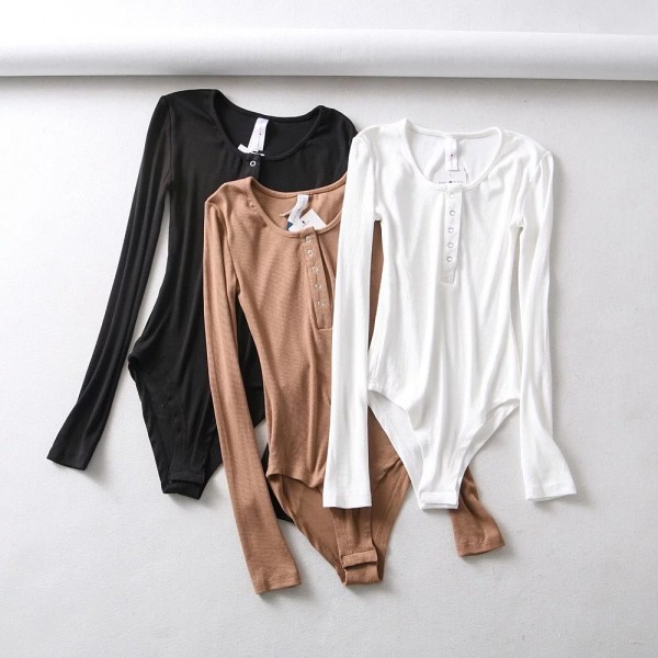 Sexy Solid Color Button Round Neck Long Sleeves Top H08-240